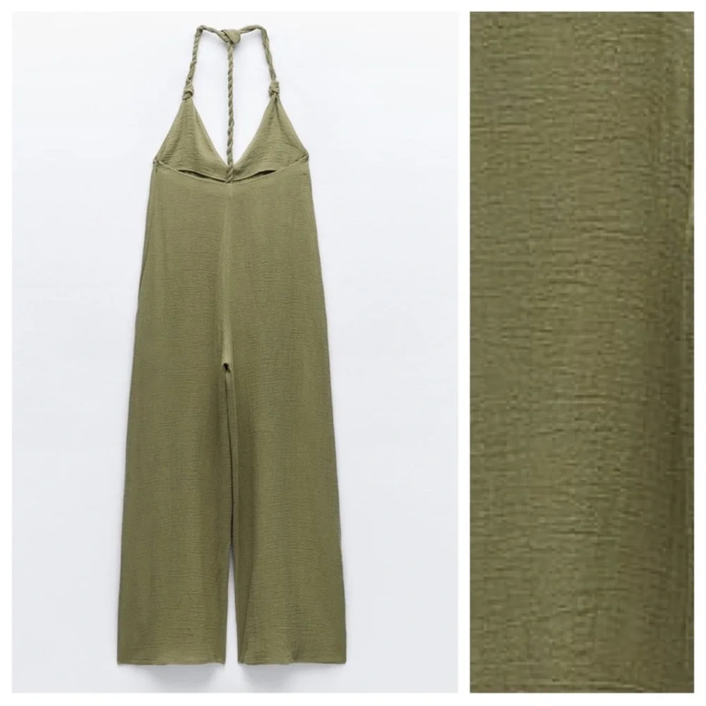NWT | ZARA 100% LINEN SAGE OLIVE GREEN BRAIDED COVERALL WIDE LEG BOHO JUMPSUIT